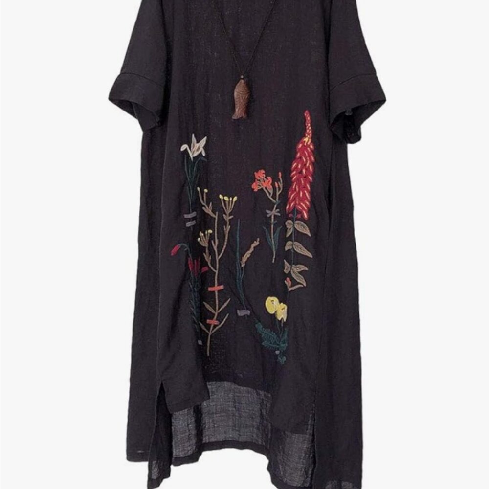 Boho Chic Floral Embroidered Linen Cotton Summer Tunic Dress - Picture 3 of 4